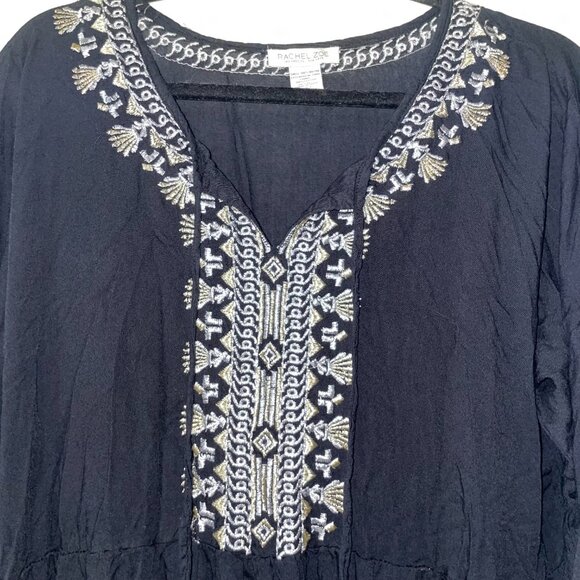 Rachel Zoe Black Gold Silver Embroidered Long Sleeved Dress Swim Coverup Size L - Picture 2 of 10
